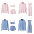 Women's Striped 3 Piece Loungewear Set Cotton Blend Long Sleeve Button Down Shirt Camisole Tank Top Lace Trim Shorts Casual Summer Home Pajamas Outfit