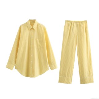 Women's Summer 2 Piece Striped Lounge Set Casual Loose Long Sleeve Button Down Shirt And High Waist Straight Leg Pants Polyester Tracksuit Two Piece Outfits For Streetwear Vacation Home Wear Women's Summer 2 Piece Striped Lounge Set Casual Loose Long Sleeve Button Down Shirt And High Waist Straight Leg Pants Polyester Tracksuit Two Piece Outfits For Streetwear Vacation Home Wear