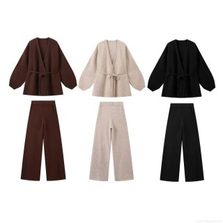 Women's 2 Piece Knit Outfits Casual Long Sleeve Wrap V Neck Tie Up Cardigan And High Waist Wide Leg Long Pants Set Soft Loungewear For Autumn Winter Streetwear Women's 2 Piece Knit Outfits Casual Long Sleeve Wrap V Neck Tie Up Cardigan And High Waist Wide Leg Long Pants Set Soft Loungewear For Autumn Winter Streetwear