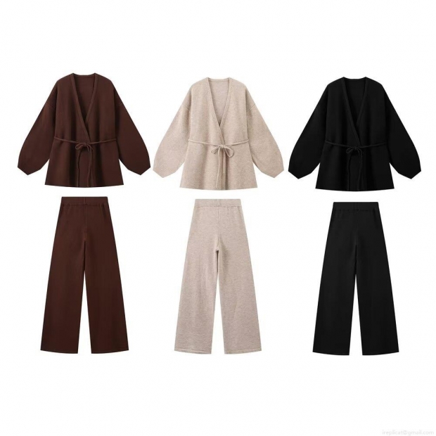 Women's 2 Piece Knit Outfits Casual Long Sleeve Wrap V Neck Tie Up Cardigan And High Waist Wide Leg Long Pants Set Soft Loungewear For Autumn Winter Streetwear Women's 2 Piece Knit Outfits Casual Long Sleeve Wrap V Neck Tie Up Cardigan And High Waist Wide Leg Long Pants Set Soft Loungewear For Autumn Winter Streetwear