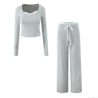 Women's Casual Cotton Blend Rib Knit Loungewear Set Lace Trim Long Sleeve U-Neck Crop Top With Thumb Holes And High Waist Wide Leg Drawstring Pants Two Piece Suit Home Streetwear Women's Casual Cotton Blend Rib Knit Loungewear Set Lace Trim Long Sleeve U-Neck Crop Top With Thumb Holes And High Waist Wide Leg Drawstring Pants Two Piece Suit Home Streetwear