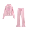 Women's Fashion Pink Velour Tracksuit Set Hooded Zip-up Velvet Hoodie and Drawstring Flare Pants 2 Piece Lounge Set With Downtown Rodeo Print For Spring Autumn Casual Wear Women's Fashion Pink Velour Tracksuit Set Hooded Zip-up Velvet Hoodie and Drawstring Flare Pants 2 Piece Lounge Set With Downtown Rodeo Print For Spring Autumn Casual Wear
