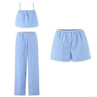 Women's 3-Piece Striped Loungewear Set 100% Combed Cotton Lace Trim Sleeveless Camisole Top With Elastic Waist Shorts And Straight Leg Pants Casual Summer Home Outfit Women's 3-Piece Striped Loungewear Set 100% Combed Cotton Lace Trim Sleeveless Camisole Top With Elastic Waist Shorts And Straight Leg Pants Casual Summer Home Outfit