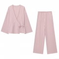 Women Two Piece Set Crepe Textured Wrap V Neck Long Sleeve Top And Wide Leg Trousers Dried Rose Pink Minimalist Lounge Wear Summer Casual Outfit