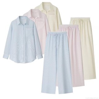 Women's Striped Lace Trim Loungewear Set Polyester Long Sleeve Button Down Shirt And Elastic Waist Wide Leg Casual Pants Street Fashion Two Piece Set