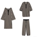 Women's Striped Knit Casual Loungewear Set Long Sleeve Henley Top Wide Leg Pants And V Neck Tie Midi Dress Soft Autumn Three Piece Co-ords Outfits Women's Striped Knit Casual Loungewear Set Long Sleeve Henley Top Wide Leg Pants And V Neck Tie Midi Dress Soft Autumn Three Piece Co-ords Outfits