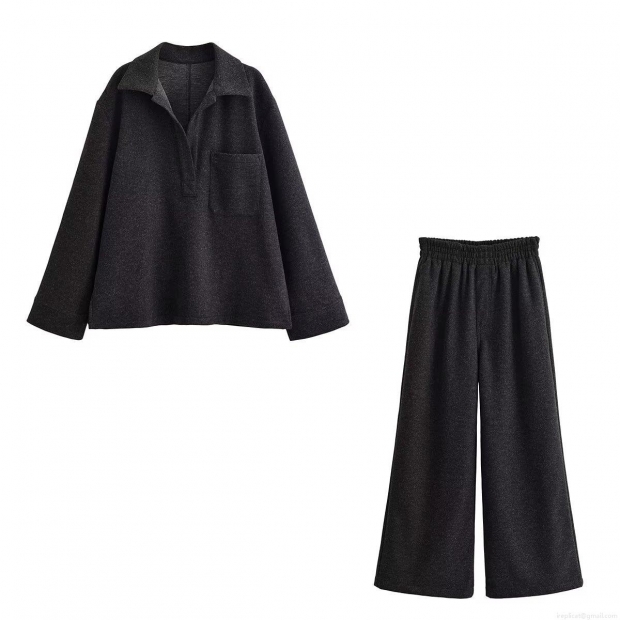 Women's Two Piece Lounge Set Casual Lapel Long Sleeve Polo Shirt Top And High Waist Wide Leg Pants Set Solid Color Thick Woolen Texture Autumn Winter Tracksuit For Women Women's Two Piece Lounge Set Casual Lapel Long Sleeve Polo Shirt Top And High Waist Wide Leg Pants Set Solid Color Thick Woolen Texture Autumn Winter Tracksuit For Women