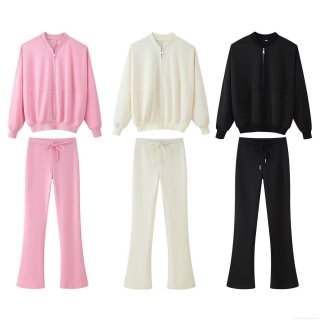 Women's 2 Piece Casual Outfits Polyester Zip Up Stand Collar Loose Jacket and High Waist Flared Pants Set Streetwear Autumn Sporty Tracksuit Women's 2 Piece Casual Outfits Polyester Zip Up Stand Collar Loose Jacket and High Waist Flared Pants Set Streetwear Autumn Sporty Tracksuit