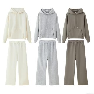 Women's Oversized Fleece Lined Hoodie And Wide Leg Sweatpants Set Solid Color Long Sleeve Pullover Hooded Sweatshirt Loose Tracksuit Bottoms Autumn Winter Casual Loungewear Two Piece Outfits