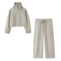 Women's Casual Loungewear Set Solid Color Stand Collar Zipper Hoodie Sweatshirt And High Waist Wide Leg Long Pants Two Piece Knit Winter Outfit Women's Casual Loungewear Set Solid Color Stand Collar Zipper Hoodie Sweatshirt And High Waist Wide Leg Long Pants Two Piece Knit Winter Outfit