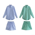 Women Striped Casual Two-Piece Set 100% Polyester Long Sleeve Lapel Button Shirt And Drawstring Shorts Homewear Loungewear Suit For Summer Spring Women Striped Casual Two-Piece Set 100% Polyester Long Sleeve Lapel Button Shirt And Drawstring Shorts Homewear Loungewear Suit For Summer Spring