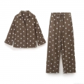 Women Casual Cotton Blend Double Gauze Shirt And Pants Set Embroidery Diamond Pattern Long Sleeve Button Down Top Drawstring Lounge Trousers Two Piece Outfits Women Casual Cotton Blend Double Gauze Shirt And Pants Set Embroidery Diamond Pattern Long Sleeve Button Down Top Drawstring Lounge Trousers Two Piece Outfits