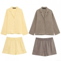 Women's Casual Linen Blend Separates Long Sleeve V Neck Button Down Shirt Or High Waist Elastic Shorts Summer Loungewear Suit