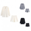 Women's Knit 2 Piece Outfits Casual V Neck Long Sleeve Top And Shorts Set Solid Color Loungewear Loose Fit Knitwear Homewear Polyester Tracksuit Women's Knit 2 Piece Outfits Casual V Neck Long Sleeve Top And Shorts Set Solid Color Loungewear Loose Fit Knitwear Homewear Polyester Tracksuit