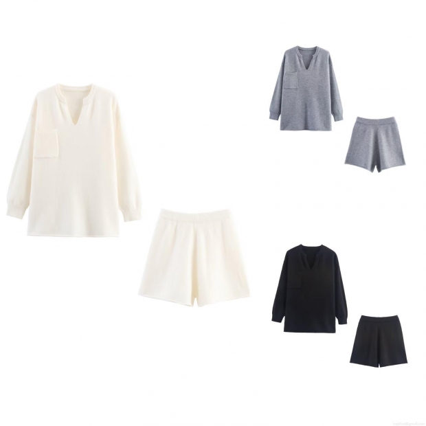 Women's Knit 2 Piece Outfits Casual V Neck Long Sleeve Top And Shorts Set Solid Color Loungewear Loose Fit Knitwear Homewear Polyester Tracksuit Women's Knit 2 Piece Outfits Casual V Neck Long Sleeve Top And Shorts Set Solid Color Loungewear Loose Fit Knitwear Homewear Polyester Tracksuit