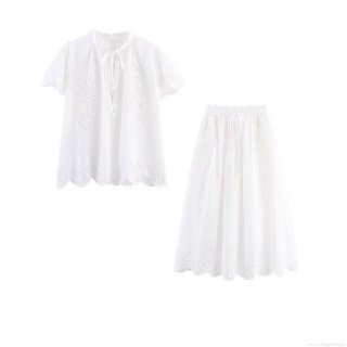 Women's Bohemian Hollow Out Embroidery Two Piece Set 85% Cotton Lace-up V-Neck Short Sleeve Blouse And Elastic Waist A-Line Midi Skirt Sweet White Casual Outfit Women's Bohemian Hollow Out Embroidery Two Piece Set 85% Cotton Lace-up V-Neck Short Sleeve Blouse And Elastic Waist A-Line Midi Skirt Sweet White Casual Outfit