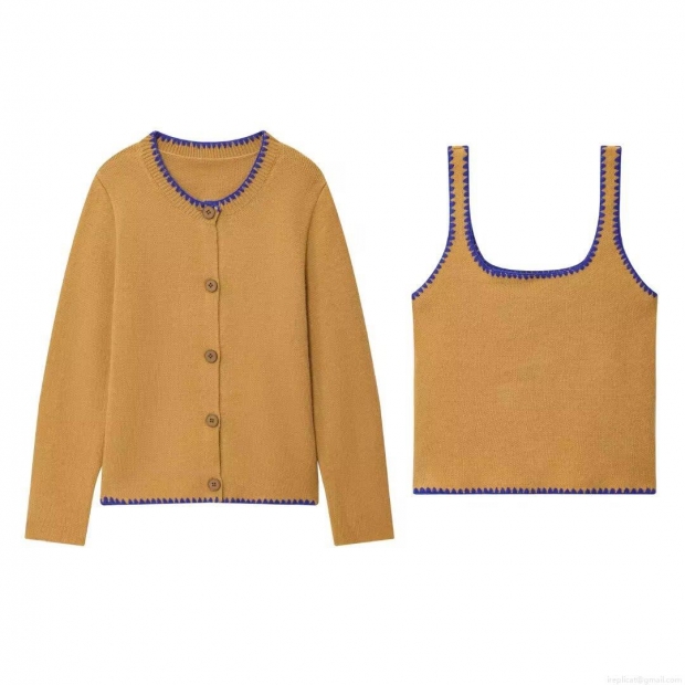 Women's Casual Knitted Two-Piece Set Contrast Crochet Wave Trim Button Cardigan and Camisole Vest Autumn Outfits Knitted Sweater Set for Women Women's Casual Knitted Two-Piece Set Contrast Crochet Wave Trim Button Cardigan and Camisole Vest Autumn Outfits Knitted Sweater Set for Women