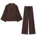 Women's Pleated Two-Piece Set V-Neck Long Sleeve Shirt And Wide-Leg Pants Polyester Blend Casual Loungewear High Waist Drawstring Trousers Fall Fashion