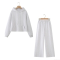 Women's 99% Cotton Soft Grey Knit Hoodie and Wide Leg Pants Set Raw Hem Casual Long Sleeve Loungewear Two-Piece Suit With Kangaroo Pocket Women's 99% Cotton Soft Grey Knit Hoodie and Wide Leg Pants Set Raw Hem Casual Long Sleeve Loungewear Two-Piece Suit With Kangaroo Pocket