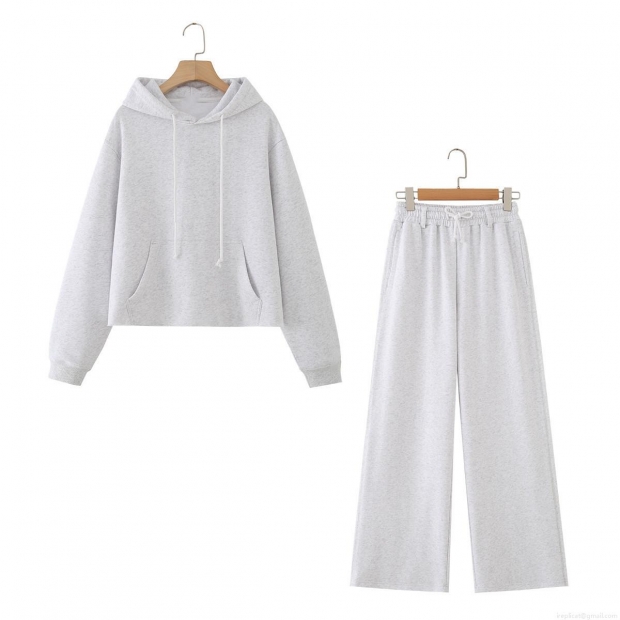 Women's 99% Cotton Soft Grey Knit Hoodie and Wide Leg Pants Set Raw Hem Casual Long Sleeve Loungewear Two-Piece Suit With Kangaroo Pocket Women's 99% Cotton Soft Grey Knit Hoodie and Wide Leg Pants Set Raw Hem Casual Long Sleeve Loungewear Two-Piece Suit With Kangaroo Pocket
