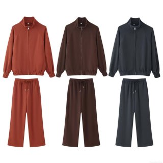 Women's Knit Spandex Two-Piece Set Soft Stand Collar Zipper Sweatshirt Jacket And High Waist Wide Leg Pants Solid Color Loungewear Outfits For Autumn Winter Women's Knit Spandex Two-Piece Set Soft Stand Collar Zipper Sweatshirt Jacket And High Waist Wide Leg Pants Solid Color Loungewear Outfits For Autumn Winter