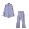 Women Striped Poplin Shirt and Pants Loungewear Set Long Sleeve Casual Contrast Piping Pajama Two Piece Suit for Home Daily Wear Sleepwear Women Striped Poplin Shirt and Pants Loungewear Set Long Sleeve Casual Contrast Piping Pajama Two Piece Suit for Home Daily Wear Sleepwear