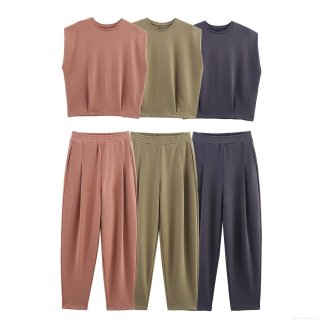 Women Washed Two Piece Loungewear Set Sleeveless Round Neck Padded Shoulder Top And High Waist Pleated Pants Streetwear Casual Solid Color Tracksuit Women Washed Two Piece Loungewear Set Sleeveless Round Neck Padded Shoulder Top And High Waist Pleated Pants Streetwear Casual Solid Color Tracksuit
