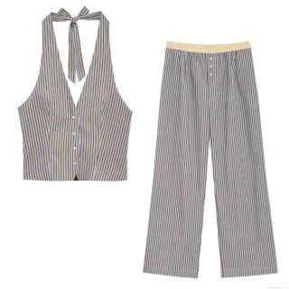 Women's Striped Halter Neck Top and Pants Set Cotton Blend Sleeveless Button Down Vest and Elastic Waist Trousers Casual Loungewear Suit Streetwear