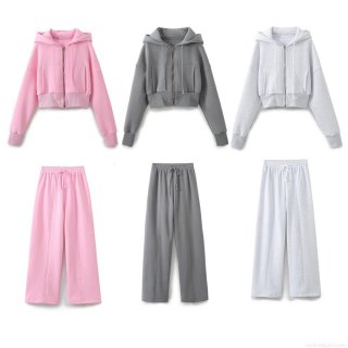 Women's Casual Cotton Blend Two Piece Set Hooded Zip Up Cropped Sweatshirt And Wide Leg Pants Set Solid Color Loungewear Tracksuit For Women Women's Casual Cotton Blend Two Piece Set Hooded Zip Up Cropped Sweatshirt And Wide Leg Pants Set Solid Color Loungewear Tracksuit For Women