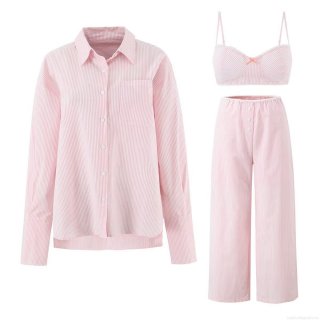 Women's 100% Cotton Striped Loungewear Set 3-Piece Casual Summer Pajama Suit With Long Sleeve Button Shirt Camisole Shorts And Wide Leg Pants For Women Nightwear