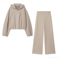 Women's Casual Two Piece Set Oatmeal Beige Hooded Zip Up Sweatshirt And High Waisted Wide Leg Pants Knit Loungewear Sporty Tracksuit Outfits Women's Casual Two Piece Set Oatmeal Beige Hooded Zip Up Sweatshirt And High Waisted Wide Leg Pants Knit Loungewear Sporty Tracksuit Outfits