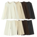 Women's Two Piece Knit Set Solid Color Round Neck Pullover Long Sleeve Sweater and Wide Leg Drawstring Shorts Casual Loungewear Outfit Streetwear Women's Two Piece Knit Set Solid Color Round Neck Pullover Long Sleeve Sweater and Wide Leg Drawstring Shorts Casual Loungewear Outfit Streetwear