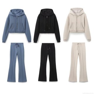 Women's Casual 2 Piece Sportswear Set Hooded Crop Zipper Sweatshirt Top and High Waist Flare Pants Loungewear Tracksuit Outfits