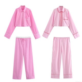 Women's Casual Pink Loungewear Set Contrast Piping Poplin Long Sleeve Cropped Shirt And High Waisted Straight Pants Pajama Set Fashion Streetwear Two Piece Set Women's Casual Pink Loungewear Set Contrast Piping Poplin Long Sleeve Cropped Shirt And High Waisted Straight Pants Pajama Set Fashion Streetwear Two Piece Set