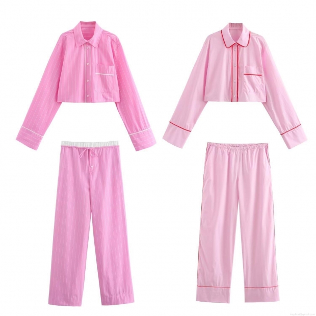 Women's Casual Pink Loungewear Set Contrast Piping Poplin Long Sleeve Cropped Shirt And High Waisted Straight Pants Pajama Set Fashion Streetwear Two Piece Set Women's Casual Pink Loungewear Set Contrast Piping Poplin Long Sleeve Cropped Shirt And High Waisted Straight Pants Pajama Set Fashion Streetwear Two Piece Set