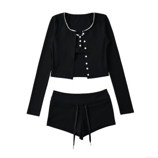 Women's 3-Piece Ribbed Knit Loungewear Set Lace Trim Long Sleeve Button Up Cardigan Camisole And Drawstring Shorts Casual Home Wear Sporty Suit Women's 3-Piece Ribbed Knit Loungewear Set Lace Trim Long Sleeve Button Up Cardigan Camisole And Drawstring Shorts Casual Home Wear Sporty Suit