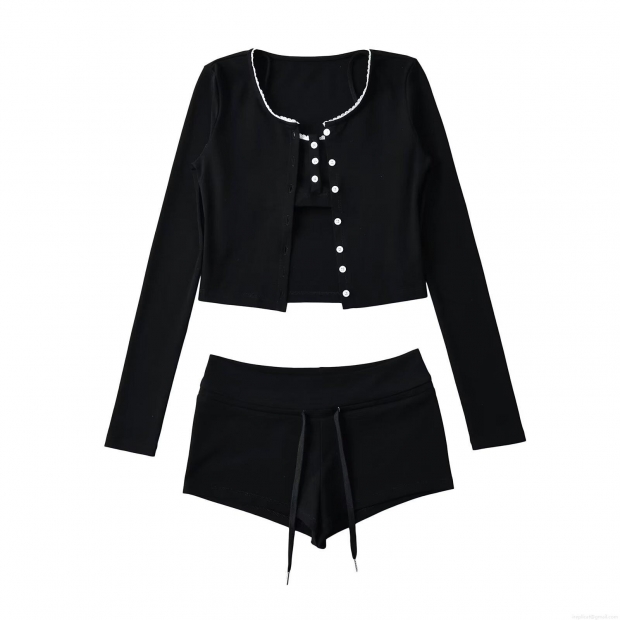 Women's 3-Piece Ribbed Knit Loungewear Set Lace Trim Long Sleeve Button Up Cardigan Camisole And Drawstring Shorts Casual Home Wear Sporty Suit Women's 3-Piece Ribbed Knit Loungewear Set Lace Trim Long Sleeve Button Up Cardigan Camisole And Drawstring Shorts Casual Home Wear Sporty Suit