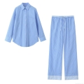 Women Striped Poplin Two Piece Set Long Sleeve Button Down Shirt and Drawstring Straight Leg Pants Casual Loungewear Outfit Streetwear