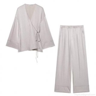 Women's Silver Grey Satin Pleated Two Piece Set Long Sleeve Kimono Wrap Top And Wide Leg Pants Casual Loungewear Pajama Outfit For Streetwear Women's Silver Grey Satin Pleated Two Piece Set Long Sleeve Kimono Wrap Top And Wide Leg Pants Casual Loungewear Pajama Outfit For Streetwear