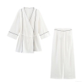 Women's Two Piece Loungewear Set Contrast Piping V Neck Wrap Top And High Waist Wide Leg Pants Casual Home Sleepwear Pajamas Set