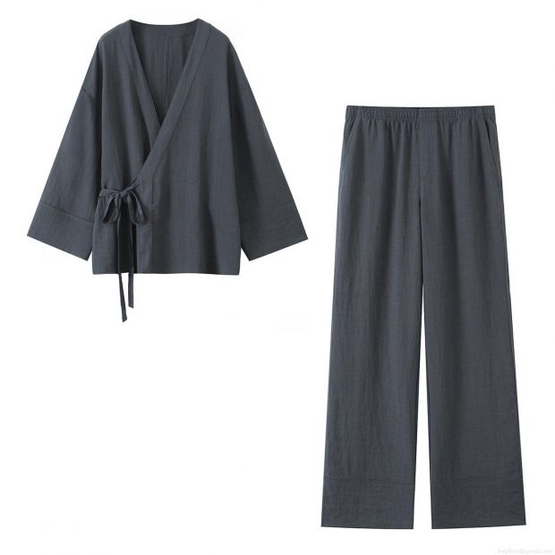 Women's Casual Two Piece Loungewear Set Japanese Kimono Style Lace Up Wrap Top And Wide Leg Pants Solid Color Cotton Linen Feel Outfit Streetwear Women's Casual Two Piece Loungewear Set Japanese Kimono Style Lace Up Wrap Top And Wide Leg Pants Solid Color Cotton Linen Feel Outfit Streetwear