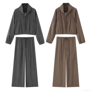 Women's Casual 2 Piece Outfits Micro Wrinkle Zip Up Hooded Jacket And High Waist Wide Leg Pants Set Streetwear Loungewear Tracksuit