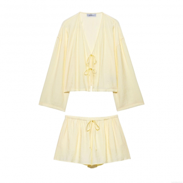 Women's Crinkle Texture Kimono Style Top And Shorts Set 100% Polyester Solid Pale Yellow V-Neck Tie-Front Casual Loungewear Two Piece Outfit Streetwear Summer Vacation Beach Wear For Women Women's Crinkle Texture Kimono Style Top And Shorts Set 100% Polyester Solid Pale Yellow V-Neck Tie-Front Casual Loungewear Two Piece Outfit Streetwear Summer Vacation Beach Wear For Women