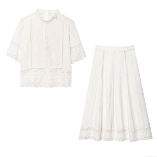 Women's Two Piece Set Crochet Hollow Out Short Sleeve Stand Collar Top And A-Line Midi Skirt Cotton Blend Casual Streetwear White Outfit Women's Two Piece Set Crochet Hollow Out Short Sleeve Stand Collar Top And A-Line Midi Skirt Cotton Blend Casual Streetwear White Outfit