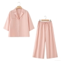 Women's 100% Cotton Two Piece Set Short Sleeve Lapel Button Up Shirt And High Waist Wide Leg Pants Loungewear Casual Loose Pajama Set Summer Clothing Women's 100% Cotton Two Piece Set Short Sleeve Lapel Button Up Shirt And High Waist Wide Leg Pants Loungewear Casual Loose Pajama Set Summer Clothing