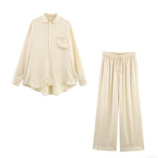Elegant Satin Loungewear Two-Piece Set For Women Polyester Satin Button-Down Long Sleeve Shirt With Pocket And Matching Wide-Leg Drawstring Pants Casual Outfits Set Cream Beige