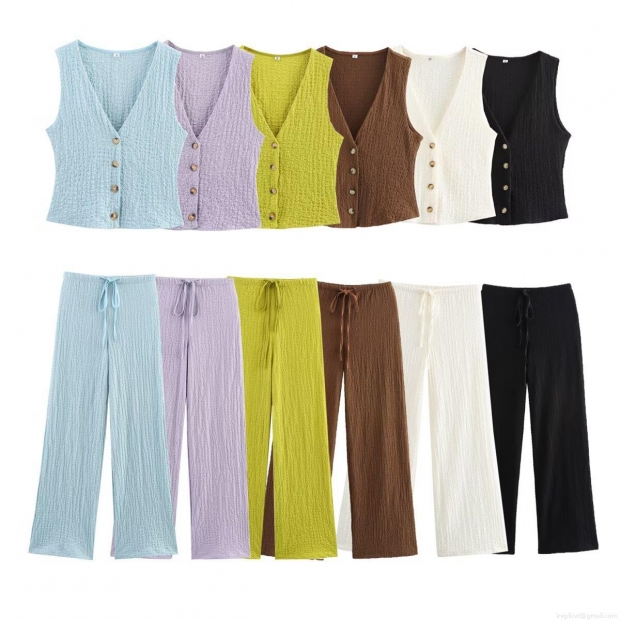 Women's Casual 2 Piece Set V Neck Button Down Sleeveless Vest and Drawstring Wide Leg Pants Textured Seersucker Polyester Summer Outfits Women's Casual 2 Piece Set V Neck Button Down Sleeveless Vest and Drawstring Wide Leg Pants Textured Seersucker Polyester Summer Outfits