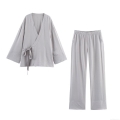 Women's Casual Loungewear Set Kimono Style Wrap Top And Wide Leg Pants Solid Color Cotton Blend Two Piece Outfits For Women Home Streetwear Women's Casual Loungewear Set Kimono Style Wrap Top And Wide Leg Pants Solid Color Cotton Blend Two Piece Outfits For Women Home Streetwear
