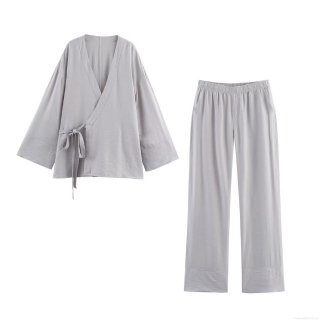 Women's Casual Loungewear Set Kimono Style Wrap Top And Wide Leg Pants Solid Color Cotton Blend Two Piece Outfits For Women Home Streetwear Women's Casual Loungewear Set Kimono Style Wrap Top And Wide Leg Pants Solid Color Cotton Blend Two Piece Outfits For Women Home Streetwear