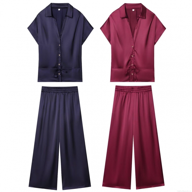Women's Satin Silk Texture 2 Piece Set V-Neck Short Sleeve Button Up Belted Shirt And Wide Leg Long Pants Leisure Pajama Loungewear Suit For Women Women's Satin Silk Texture 2 Piece Set V-Neck Short Sleeve Button Up Belted Shirt And Wide Leg Long Pants Leisure Pajama Loungewear Suit For Women